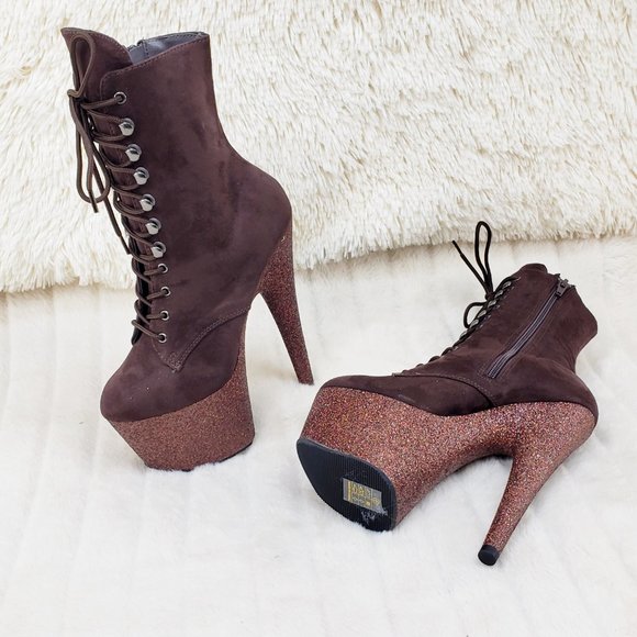 ELLE Platform High Heels Pumps Tan Beige Faux Suede Gold  Mocha Brown Faux Suede Glitter Platform High Heel